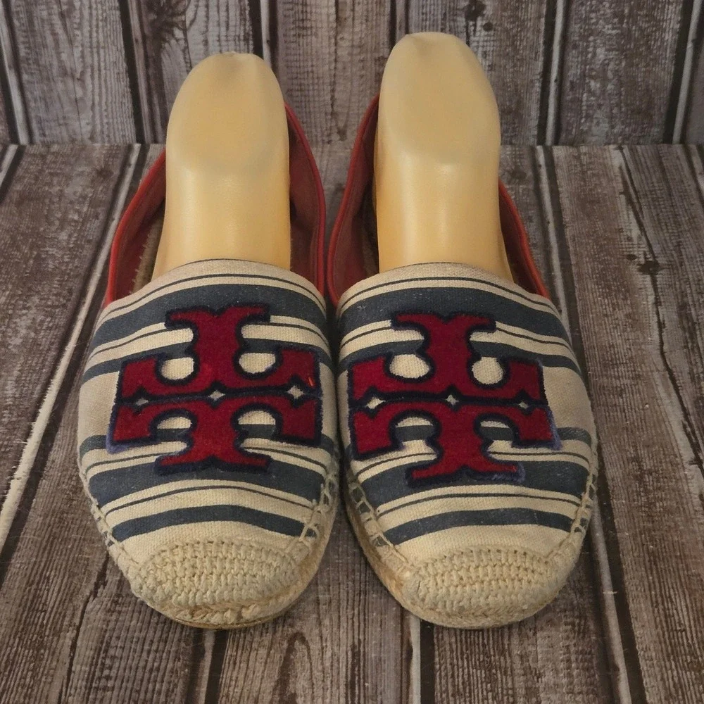 Sz 10 Tory Burch Ines Red Blue Stripe Canvas/ Leather Flat Espadrille Shoes